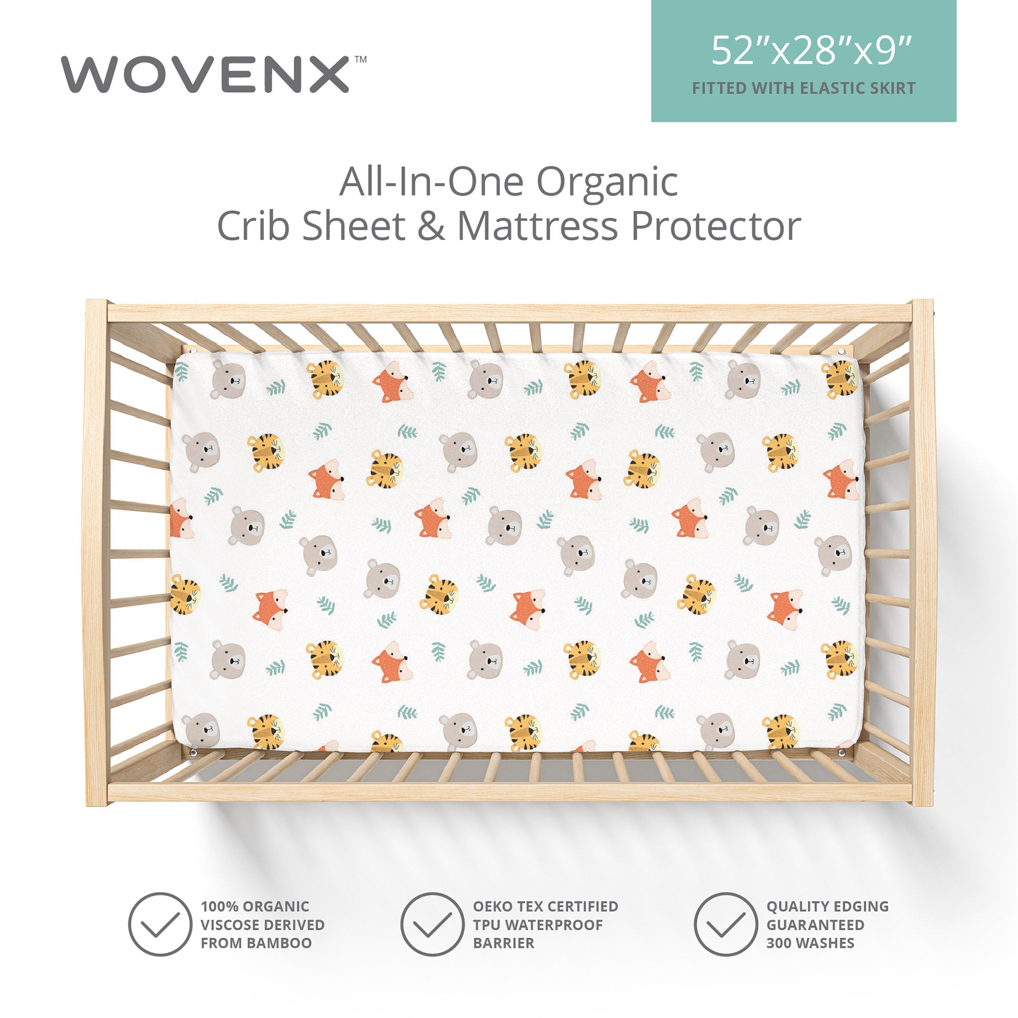 All-In- One Organic Crib Sheet & Mattress Protector for Baby Cribs - Tiger Bear Fox