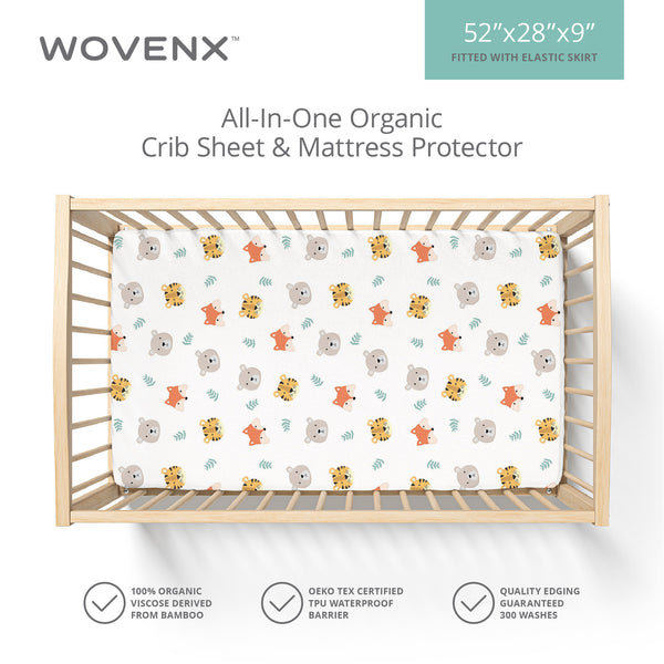 All-In- One Organic Crib Sheet & Mattress Protector for Baby Cribs - Tiger Bear Fox