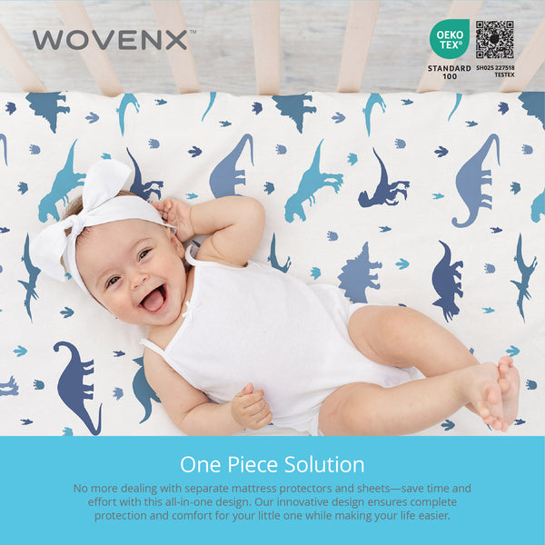 All-In- One Organic Crib Sheet & Mattress Protector for Baby Cribs - Dinosaur