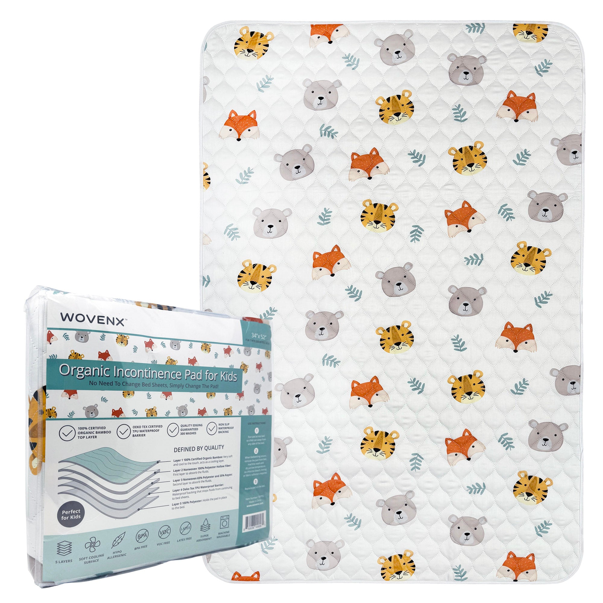 Organic Bamboo Incontinence Pads for Kids - Tiger Bear Fox