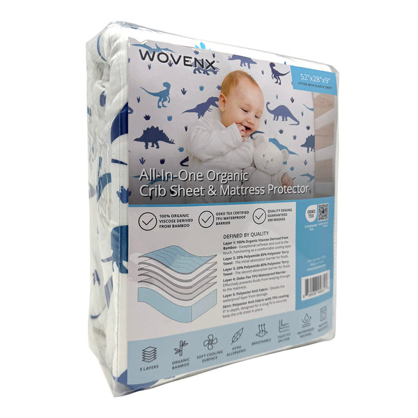 All-In- One Organic Crib Sheet & Mattress Protector for Baby Cribs - Dinosaur