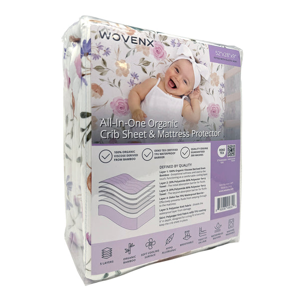All-In- One Organic Crib Sheet & Mattress Protector for Baby Cribs - Flower