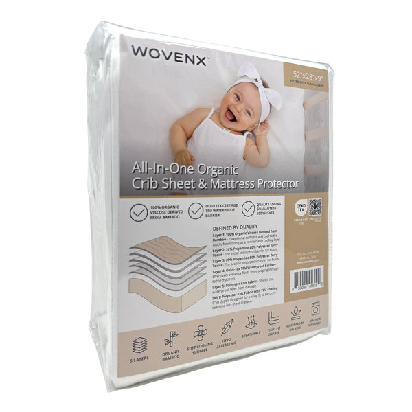 All-In- One Organic Crib Sheet & Mattress Protector for Baby Cribs - White