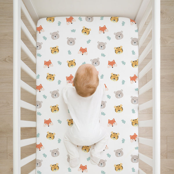 All-In- One Organic Crib Sheet & Mattress Protector for Baby Cribs - Tiger Bear Fox