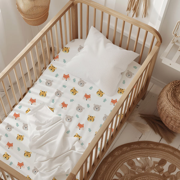 All-In- One Organic Crib Sheet & Mattress Protector for Baby Cribs - Tiger Bear Fox
