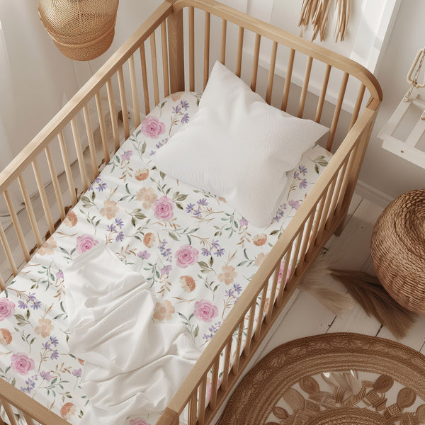 All-In- One Organic Crib Sheet & Mattress Protector for Baby Cribs - Flower