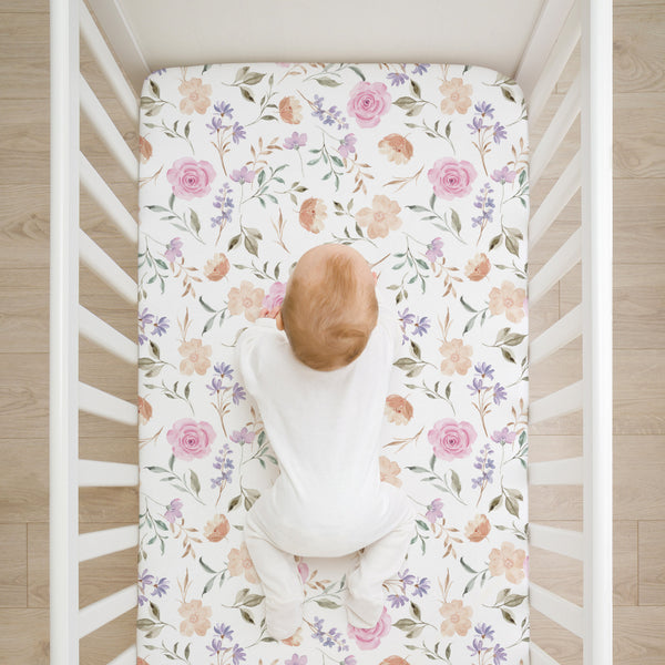 All-In- One Organic Crib Sheet & Mattress Protector for Baby Cribs - Flower