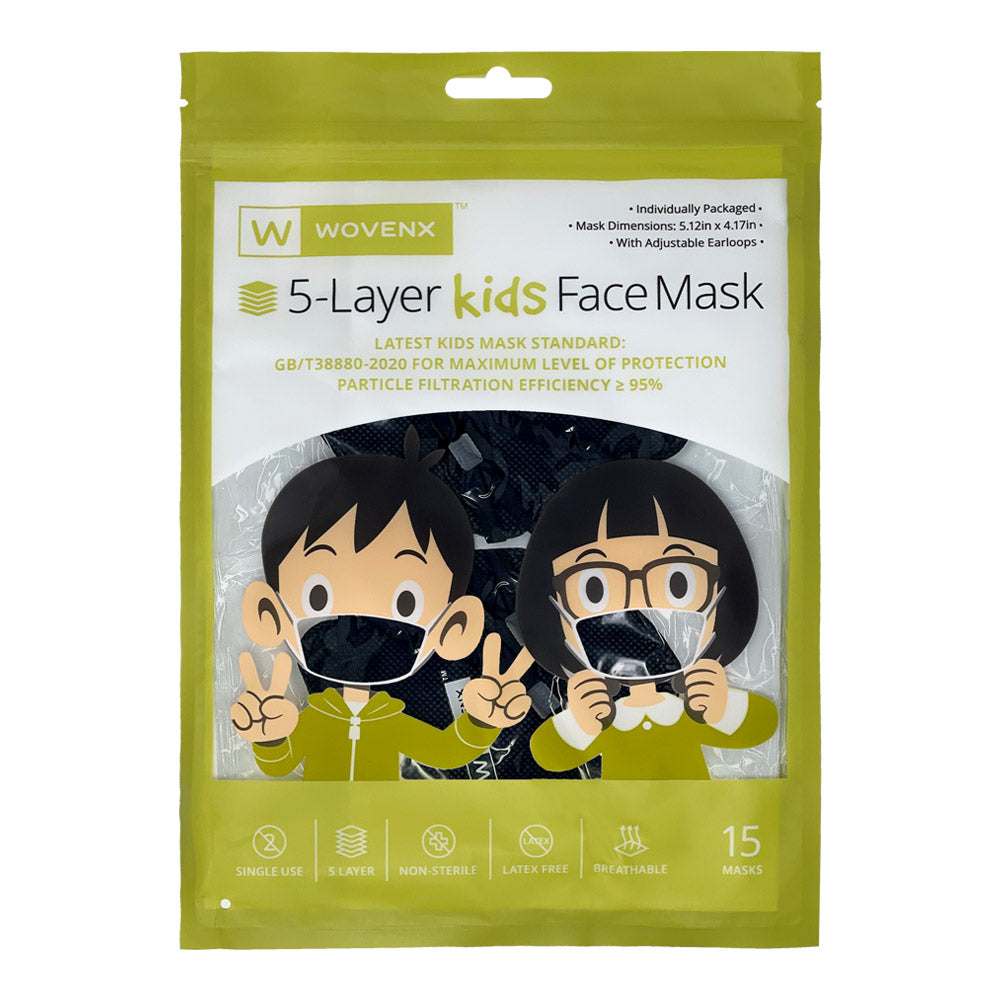 Wovenx - FDA Registered - 5 Ply Kids Black Face Masks (15 pieces)