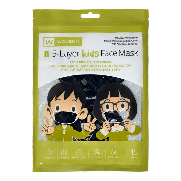Wovenx - FDA Registered - 5 Ply Kids Black Face Masks (15 pieces)