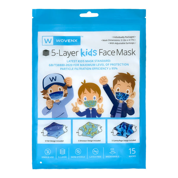 Wovenx - FDA Registered - 5 Ply Kids Face Masks Boys (15 pieces)