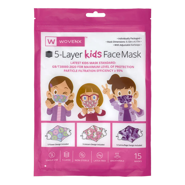 Wovenx - FDA Registered - 5 Ply Kids Face Masks Girls (15 pieces)